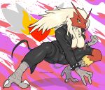 absurd_res anthro biped blaziken blue_eyes clothed clothing female fur generation_3_pokemon hi_res keyshop_miss nintendo nipple_outline pokemon pokemon_(species) red_body red_fur solo tan_body tan_fur yellow_body yellow_fur yellow_sclera