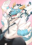 absurd_res anthro blue_body dragon facial_hair fighting_pose hair hi_res lifewonders male mature_male musclegut necktie pose qinglong satopu_v2 solo tokyo_afterschool_summoners white_hair yellow_eyes