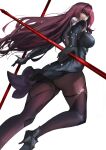  1girl absurdres armor ass black_gloves bodysuit breasts closed_mouth cowboy_shot dual_wielding fate/grand_order fate_(series) gae_bolg_(fate) gloves hair_intakes high_heels highres holding holding_polearm holding_weapon large_breasts legs_apart long_hair looking_at_viewer looking_back pauldrons polearm purple_bodysuit purple_hair purple_theme red_eyes scathach_(fate) shoulder_armor simple_background smile solo weapon white_background yujieai 