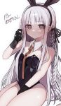  1girl bare_shoulders between_legs black_gloves black_ribbon blunt_bangs braid breasts brown_necktie danganronpa:_trigger_happy_havoc danganronpa_(series) gloves grey_hair hair_ribbon hand_between_legs hand_up highres kirigiri_kyoko large_breasts long_hair looking_at_viewer necktie pink_eyes playboy_bunny ribbon ringo_ame_no_ria side_braid sitting smile solo translation_request white_background 