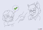 anthro bandaid_on_face canid canine canis check_mark chocolatekitsune clothing diaper domestic_dog dragon duo eyewear female glasses hand_holding head_tuft line_art male male/female mammal overalls signature speech_bubble tuft