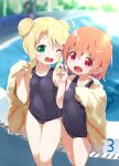  3girls :d ;d bangs black_swimsuit blonde_hair blurry blurry_background blush breasts brown_hair commentary_request depth_of_field double_bun eyebrows_visible_through_hair fang hair_between_eyes hand_up highres himesaka_noa hoshino_hinata makuran multiple_girls old_school_swimsuit one-piece_swimsuit one_eye_closed open_mouth pool red_eyes school_swimsuit shared_towel sidelocks small_breasts smile swimsuit towel v watashi_ni_tenshi_ga_maiorita! water 