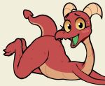 ambiguous_gender anthro biped blush dragon fangs hi_res horn itsunknownanon looking_at_viewer lying on_front open_mouth red_body solo teeth