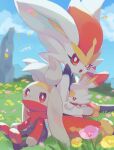  bright_pupils cinderace cloud commentary_request day evolutionary_line flower gen_8_pokemon grass izobe looking_at_viewer looking_back open_mouth outdoors petals pink_flower pokemon pokemon_(creature) raboot red_eyes scorbunny signature sitting sky toes tongue upper_teeth white_pupils yellow_flower 
