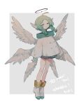  1girl angel angel_wings artist_name black_halo blunt_ends boots border braid buttons closed_mouth coat collar collared_coat commentary_request commission commissioner_name english_text eyelashes feathered_wings full_body green_collar green_hair grey_background grey_eyes grey_shorts half-closed_eyes halo head_wings long_sleeves looking_at_viewer low_twin_braids medium_hair multiple_wings original puffy_long_sleeves puffy_sleeves short_shorts shorts simple_background skeb_commission sleeves_past_wrists smile sobamushi_mo solo twin_braids white_border white_coat white_footwear white_sleeves white_wings wings 