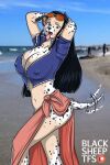 anthro beach big_breasts blacksheeptfs breasts canid canine canis clothed clothing dalmatian domestic_dog eyewear eyewear_on_head female floppy_ears fur glasses glasses_on_head growth hi_res human_to_anthro mammal mid_transformation nico_robin one_piece public seaside solo species_transformation spots spotted_body spotted_fur standing tail tail_growth tail_motion tailwag tongue tongue_out topwear transformation white_body white_fur