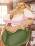 absurd_res anthro bandage belly big_breasts blonde_hair blue_eyes bottomwear breasts cleavage clothed clothing curvy_figure desk domestic_pig female furniture glistening glistening_body green_bottomwear green_clothing green_pants hair hi_res huge_breasts inside long_hair looking_at_viewer mammal midriff navel overweight overweight_female pants paper sasanoha6011 shirt sign solo standing suid suina sus_(pig) table thick_thighs topwear voluptuous white_clothing white_shirt white_topwear wide_hips window