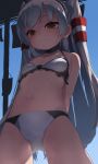  1girl absurdres amatsukaze_(kancolle) arms_behind_back ass_visible_through_thighs bangs bikini black_bikini blush breasts brown_eyes commentary_request commission eyebrows_visible_through_hair from_below hair_tubes hat highres kantai_collection long_hair looking_at_viewer looking_down mini_hat navel silver_hair skeb_commission small_breasts smile smug solo swimsuit tsuzuri_(tu-san_house) two_side_up windsock 