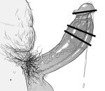 1boy bar_censor censored close-up erection from_side greyscale head_out_of_frame male_focus male_pubic_hair monochrome navel original penis precum precum_drip pubic_hair simple_background solo typehatena veins veiny_penis white_background 