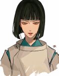  1boy black_hair blunt_bangs blunt_ends bob_cut brown_eyes closed_mouth commentary haku_(sen_to_chihiro_no_kamikakushi) highres japanese_clothes kagoya1219 kariginu looking_at_viewer male_focus sanpaku sen_to_chihiro_no_kamikakushi signature simple_background solo straight-on upper_body white_background 