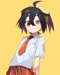  1boy black_hair blush collared_shirt commentary cowboy_shot english_commentary hair_between_eyes hairband kieran_(pokemon) male_focus mole naranja_academy_school_uniform necktie pokemon pokemon_sv school_uniform shirt short_hair shrimp_pkm simple_background solo sweatdrop yellow_background yellow_eyes 