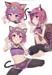  1girl animal_ears backpack bag bare_shoulders bell belt bike_shorts black_shorts blush breasts cat_ears cat_girl cat_tail choker claw_pose collarbone licking looking_at_viewer miniskirt multiple_views navel neck_bell open_mouth pkpkpppk princess_connect! purple_eyes purple_hair purple_headwear purple_skirt purple_sports_bra shorts skirt small_breasts sports_bra tail tamaki_(princess_connect!) visor_cap 