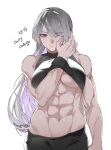  1girl abs ak-15_(girls&#039;_frontline) black_pants crop_top girls&#039;_frontline grey_hair guilty_challenge_(meme) highres long_hair looking_at_viewer meme muscular muscular_female navel one_eye_covered pants purple_eyes solo straight-on upper_body white_background yongsadragon 