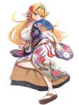  1girl absurdres bandages blonde_hair breasts chest_sarashi cleavage commentary_request earrings floral_print flower folding_fan gonzarez hair_flower hair_ornament hand_fan head_tilt highres holding holding_fan japanese_clothes jewelry kimono large_breasts long_hair looking_at_viewer mythra_(xenoblade) red_flower sandals sarashi smile socks solo strapless tube_top very_long_hair white_kimono white_socks xenoblade_chronicles_(series) xenoblade_chronicles_2 yellow_eyes 
