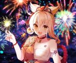  1girl arm_tattoo bandages bare_shoulders blonde_hair blush breasts chest_tattoo cleavage fireworks frengkyz genshin_impact hair_ornament japanese_clothes kimono looking_at_viewer medium_breasts night night_sky open_mouth orange_eyes orange_kimono sarashi sky smile solo sparkler tattoo upper_body yoimiya_(genshin_impact) 