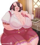 absurd_res ambiguous_fluids anthro big_breasts black_hair book bottomwear breasts cleavage clothed clothing curvy_figure desk domestic_pig female furniture hair hi_res holding_object holding_rag huge_breasts inside looking_at_viewer mammal open_mouth overweight overweight_female pink_body pink_eyes pink_skin rag red_bottomwear red_clothing red_skirt sasanoha6011 shirt short_hair sitting skirt solo suggestive suid suina sus_(pig) table thick_thighs topwear translucent translucent_clothing voluptuous white_clothing white_shirt white_topwear wide_hips window
