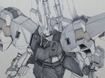  clenched_hand doven_wolf eclogue.566 fusion gelgoog gelgoog_iii gun gundam holding holding_gun holding_weapon horns mecha mecha_request mobile_suit no_humans one-eyed regelg single_horn solo traditional_media weapon white_background zeon 