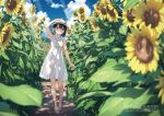  1girl :o arm_up bangs black_hair blue_sky blurry bra bra_through_clothes cloud collared_dress commentary_request day depth_of_field dress flower food hair_ornament hat hat_ribbon highres holding holding_food kantoku leaf light_rays open_mouth original outdoors panties popsicle purple_eyes ribbon sandals see-through see-through_dress shizuku_(kantoku) sky sleeveless sleeveless_dress solo sunbeam sundress sunflower sunlight underwear white_bra white_dress white_panties 