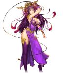  1girl arm_up bangs blunt_bangs breasts cleavage contrapposto dong_zhuo_(tokimeki_general_girls_x) dress floating_hair full_body game_cg hair_ornament holding holding_whip large_breasts long_dress long_hair looking_at_viewer official_art purple_dress purple_eyes purple_hair purple_legwear shiny shiny_clothes shiny_hair shiny_legwear side_slit sleeveless sleeveless_dress solo standing strapless strapless_dress thighhighs tokimeki_general_girls_x transparent_background very_long_hair 