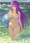  1girl absurdres alternate_costume ball beachball bikini blunt_bangs breasts cleavage closed_mouth collarbone commentary_request fern_(sousou_no_frieren) front-tie_bikini_top front-tie_top highres holding holding_ball holding_beachball large_breasts long_hair looking_at_viewer lumen_re navel ocean partial_commentary purple_eyes purple_hair side-tie_bikini_bottom sidelocks solo sousou_no_frieren straight_hair swimsuit wading waves white_bikini 