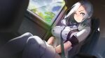  1girl blue_eyes blue_sky blush boots breasts car_interior closed_mouth cloud day dutch_angle feet_out_of_frame game_cg hair_over_shoulder highres impossible_clothes knees_together_feet_apart large_breasts legs light_blush light_particles long_hair looking_at_viewer military_uniform miracle_snack_shop non-web_source nose_blush official_art pantyhose philia_salis pout seatbelt shaded_face shadow short_sleeves sitting sky sunlight talesshop thigh_boots tree turtleneck ukero uniform v-shaped_eyebrows white_footwear white_hair 