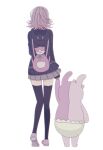  1girl animal_bag backpack bag black_jacket black_thighhighs brown_skirt cat_bag chi_gu danganronpa_(series) danganronpa_2:_goodbye_despair diaper flipped_hair from_behind full_body highres hood hood_down hooded_jacket jacket medium_hair miniskirt monomi_(danganronpa) nanami_chiaki pink_bag pleated_skirt shoes simple_background skirt standing thighhighs white_background zettai_ryouiki 