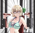  1girl anger_vein bangs bikini blank_eyes blonde_hair braid braided_bangs breasts cleavage clenched_teeth collarbone emphasis_lines exercise exercise_machine green_bikini hair_ornament hairclip kantai_collection large_breasts official_alternate_costume perth_(kancolle) shaded_face short_hair solo striped striped_bikini swimsuit teeth tk8d32 upper_body 