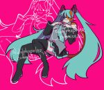  1girl :3 blue_hair cat_girl dolphxpolar fortnite furry furry_female fusion hatsune_miku high_heels highres long_hair long_sleeves looking_at_viewer meowscles pink_background sitting skirt thighhighs twintails vocaloid 