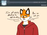 2018 4:3 anthro ask_blog batspid2 black_eyebrows black_eyes black_nose brown_body brown_fur canid canine clothing dialogue digital_drawing_(artwork) digital_media_(artwork) ear_markings english_text eyebrows facial_tuft flat_colors fox front_view fur glistening glistening_eyes glistening_nose grey_clothing grey_topwear hoodie looking_at_viewer male mammal max_(batspid2) multicolored_body multicolored_fur open_mouth orange_body orange_fur raised_eyebrow red_clothing red_topwear simple_background slim_anthro slim_male solo sweatshirt tan_background text topwear white_body white_fur