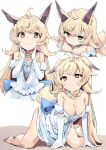  1girl ahoge all_fours animal_ears bangs bare_shoulders blonde_hair blush breasts cleavage collarbone dress elbow_gloves gloves long_hair looking_at_viewer medium_breasts multiple_views pkpkpppk princess_connect! rima_(princess_connect!) tail white_dress white_gloves yellow_eyes 