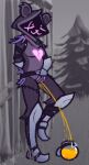 anthro armor bear bodily_fluids breasts clothed clothing container digital_media_(artwork) epic_games exhibitionism eye_scar facial_scar female fortnite fur gauntlets genital_fluids genitals gloves greaves handwear hood jar leaning_on_wall mammal outside peeing peeing_into_container purple_body pussy raven_team_leader scar simple_background smile solo urine urine_stream watersports wendigoop wetting