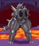 aggron anthro areola big_breasts black_areola black_eyes black_nipples blue_sclera bodily_fluids breasts carboncopy612 cave featureless_crotch female gekookti generation_3_pokemon grey_body grey_horn hi_res horn huge_breasts lava motion_lines navel nintendo nipples overweight overweight_female pokemon pokemon_(species) pupils slit_pupils smile solo spikes spikes_(anatomy) stalactite sweat sweatdrop thick_thighs wide_hips