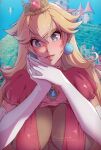  1girl artist_name blonde_hair blurry blurry_background breasts castle commentary crown earrings elbow_gloves eyelashes glint gloves grey_eyes hair_between_eyes himmely jewelry large_breasts long_hair mario_(series) own_hands_together parted_lips patreon_username pink_lips princess_peach puffy_sleeves short_sleeves solo teeth upper_body white_gloves 