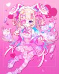  1girl animal_ears blonde_hair bow candy chocolate dress eating eyepatch fake_animal_ears food full_body hair_bow highres original pink_background pink_bow pink_dress pink_eyes rabbit_ears saijo1201 striped striped_thighhighs thighhighs white_chocolate 
