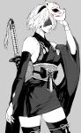  1girl 2b_(nier:automata) absurdres bare_shoulders blindfold breasts commentary_request detached_sleeves fox_mask greyscale hairband highres holding holding_mask japanese_clothes katana kimono large_breasts mask monochrome nier:automata nier_(series) nishiii26miii obi obijime sash short_hair short_kimono sideboob simple_background sleeveless sleeveless_kimono solo sword sword_on_back thighhighs weapon weapon_on_back wide_sleeves 