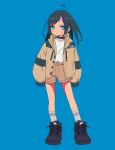  1girl ahoge arms_at_sides black_choker black_footwear blue_background blue_eyes brown_jacket brown_shorts choker closed_mouth contrapposto full_body grey_hair hair_ornament hairclip jacket long_hair long_sleeves looking_at_viewer nao97122 open_clothes open_jacket original ribbed_socks ringed_eyes shirt shirt_tucked_in shoelaces shoes shorts simple_background sleeves_past_fingers sleeves_past_wrists sneakers socks solo standing swept_bangs the_north_face white_shirt white_socks 