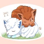  2021 alolan_form alolan_vulpix brown_eyes closed_eyes dated full_body gen_1_pokemon gen_7_pokemon grass highres no_humans one_eye_closed pokemon pokemon_(creature) shio25 sleeping vulpix white_background 