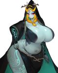 belly big_breasts black_bottomwear black_cape black_clothing black_skirt bottomwear breasts clothed clothing curvy_figure eyelashes eyeshadow female forehead_gem glistening glistening_body glowing glowing_tattoo grey_body grey_skin hair half-closed_eyes hi_res huge_breasts humanoid looking_at_viewer makeup markings midna midna_(true_form) narrowed_eyes navel nintendo not_furry orange_hair red_eyes simple_background skirt slightly_chubby smile solo tattoo the_legend_of_zelda thick_thighs twili twilight_princess utterangle voluptuous white_background wide_hips yellow_sclera