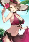  1girl absurdres alternate_costume bikini bow breasts brown_eyes brown_hair choker cleavage clothes_lift commission commissioner_upload cosplay dorothea_arnault dorothea_arnault_(cosplay) fire_emblem fire_emblem:_three_houses fire_emblem_heroes flower haru_(nakajou-28) hat hat_flower highres large_breasts looking_at_viewer manuela_casagranda md5_mismatch midriff mole mole_under_eye navel resolution_mismatch sarong short_hair skeb_commission smile solo source_smaller sun_hat swimsuit trait_connection 