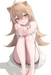  1girl :o absurdres ahoge animal_ears bare_arms bare_shoulders barefoot blurry blush brown_hair crossed_bangs depth_of_field dress hair_between_eyes hair_intakes hashtag_only_commentary highres indie_virtual_youtuber iruka3 knees_up lion_ears lion_girl lion_tail looking_at_viewer open_mouth orange_eyes outstretched_arms rurudo_lion rurudo_lion_(1st_costume) simple_background sitting sleeveless sleeveless_dress solo tail virtual_youtuber white_background white_dress 