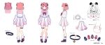  1girl absurdres bangs black_bow black_choker blue_footwear blush bow character_sheet choker double_bun eyebrows_visible_through_hair hair_bow hair_ornament highres lq_saku mole mole_under_eye multiple_views nijisanji official_art open_hands panda_hair_ornament pink_eyes pink_hair red_bow sailor_collar sasaki_saku school_uniform short_hair skirt smile thigh_strap tube_socks virtual_youtuber white_skirt 