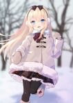  1girl :d bangs bare_tree black_bow black_legwear blonde_hair blue_eyes blurry blurry_background blush boots bow brown_coat brown_footwear brown_mittens coat commentary_request commission day depth_of_field earmuffs eyebrows_visible_through_hair floating_hair frilled_skirt frills fur-trimmed_coat fur_trim hair_between_eyes hand_up highres knee_boots long_hair long_sleeves looking_at_viewer mittens open_mouth original outdoors outstretched_arm pantyhose pixiv_request pleated_skirt purin_jiisan skirt smile solo standing standing_on_one_leg tree very_long_hair 