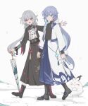  2girls alternate_costume arm_hug black_footwear black_shirt black_skirt blue_eyes blue_hair boots chinese_clothes closed_mouth fu_hua fu_hua_(herrscher_of_sentience) grey_hair hair_between_eyes highres honkai_(series) honkai_impact_3rd jacket jingwei_(bird) light_smile long_hair makeup multicolored_hair multiple_girls official_alternate_costume oil-paper_umbrella open_mouth red_eyes shirt shoes simple_background skirt smile snow streaked_hair umbrella walking white_background white_hair white_jacket white_skirt yellow_pupils zhrc 