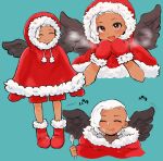  1boy absurdres aged_down asymmetrical_hair bbtnsapbem black_wings blush coat cold dark-skinned_male dark_skin fur_coat gloves highres king_(one_piece) long_hair looking_at_viewer male_focus one_piece red_gloves smile solo white_hair wings winter_clothes winter_coat 