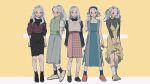  5girls black_dress black_hairband black_shirt blue_dress boku_no_hero_academia brown_shirt dress eri_(boku_no_hero_academia) full_body glasses green_vest grey_hair grey_skirt hairband highres horns multiple_girls oru_2ji pink_skirt plaid plaid_skirt ponytail purple_shirt red_eyes round_eyewear shirt single_horn skirt standing sweater_vest twintails vest yellow_dress 