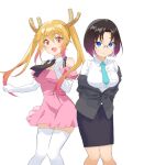  2girls :d bangs black_hair blue_eyes breast_pocket collared_shirt commentary commentary_request dragon_horns dress elbow_gloves elma_(maidragon) eyebrows_visible_through_hair eyes_visible_through_hair glasses gloves hair_between_eyes holding holding_ladle horns ice_(ice_aptx) kobayashi-san_chi_no_maidragon ladle long_hair looking_at_viewer multiple_girls necktie off-shoulder_dress off_shoulder office_lady open_mouth orange_eyes orange_hair partial_commentary pencil_skirt pink_dress pocket shirt short_hair sidelocks simple_background skirt slit_pupils smile thighhighs tohru_(maidragon) twintails white_background white_gloves white_legwear zettai_ryouiki 