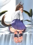  1girl absurdres animal_ears ass bed_sheet black_thighhighs black_undershirt blue_sky blurry blurry_background brown_hair brown_tail commentary commission english_commentary eyelashes feet foot_focus from_behind full_body greek_toe high-waist_skirt highres kuroda_kunika leaning_forward looking_at_viewer looking_back medium_hair miniskirt nikishiko no_shoes noble_witches on_bed panties pixiv_commission short_sleeves signature skirt sky smell soles solo steaming_body stirrup_legwear thighhighs toeless_legwear toenails toes undershirt underwear white_panties world_witches_series yellow_eyes 
