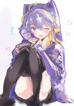  1boy animal_hood aster_arcadia black_thighhighs blonde_hair cat_hood highres hood hood_up male_focus multicolored_hair nijisanji nijisanji_en one_eye_closed purple_eyes purple_hair purple_hood sitting solo streaked_hair thighhighs virtual_youtuber yomo_(xpnkcm) 