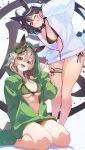  2girls absurdres ahoge alternate_costume animal_ears animal_hood bikini bikini_under_clothes black_bikini black_hair breasts brown_hair cleavage clenched_teeth commentary_request dark-skinned_female dark_skin diamond_(shape) double-parted_bangs ear_ornament fangs green_bikini green_jacket grin hair_between_eyes highres hood hood_up hooded_jacket horse_ears horse_girl horse_tail jacket kitasan_black_(umamusume) large_breasts long_sleeves medium_breasts multicolored_hair multiple_girls navel one_eye_closed open_mouth orange_bikini partially_unzipped puffy_long_sleeves puffy_sleeves red_eyes satono_diamond_(umamusume) seiza shark_hood short_hair single_bare_shoulder sitting smile standing streaked_hair swimsuit tail tan teeth thigh_strap umamusume white_background white_hair white_jacket yakousei_a 