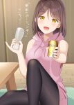  1girl :d bangs bare_arms bare_shoulders beer_can black_legwear breasts brown_hair can commentary_request cup drawstring drinking_glass feet_out_of_frame gurande_(g-size) highres holding holding_can holding_cup hood hood_down hoodie indoors knee_up looking_at_viewer medium_breasts narumiya_tayori open_mouth original pantyhose parted_bangs pink_hoodie sitting sleeveless sleeveless_hoodie smile solo table translated wooden_floor yellow_eyes 